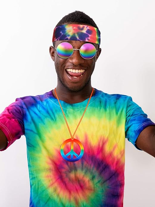 Frienda Hippie Costume Set, Hippie Sunglasses, Peace Sign Necklace and Tie Dye Headband for 60s 70s Accessories