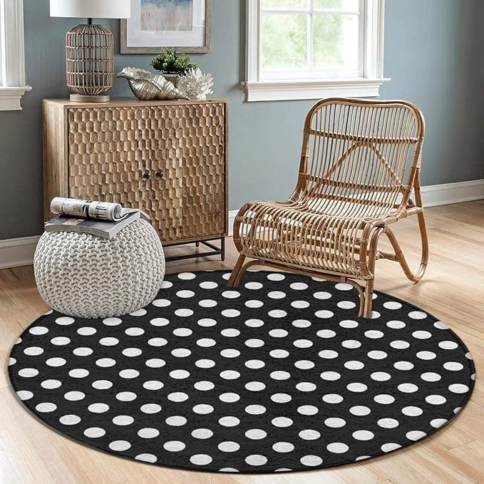 Large Home Decor Mat, Soft Round Yoga Carpet, Non-Slip Machine Washable Home Office Circle Rug Compatible with White Black Polka Dots