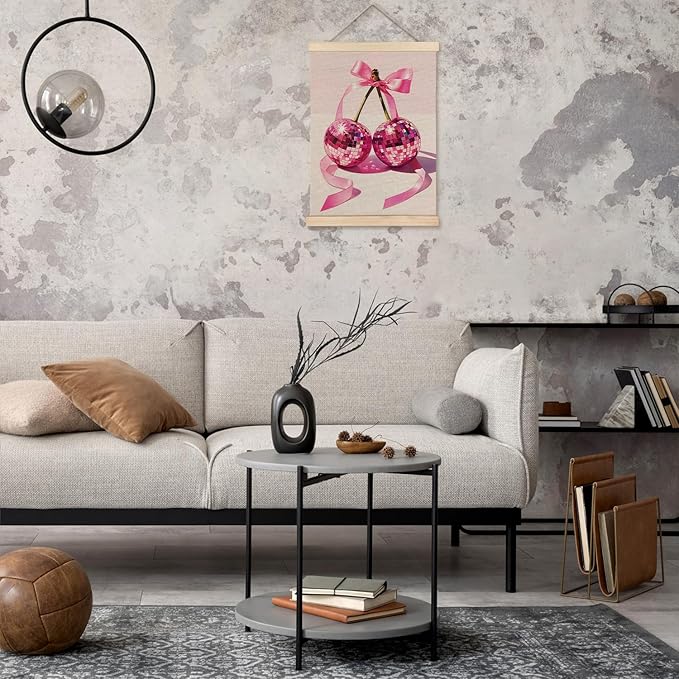 Funky Y2K Pink Ribbon Cherry Disco Ball Wall Art, Disco Ball Room Decor, Y2K Room Decor, Preppy Room Decor, Trendy Retro Aesthetic Canvas Wall Art Poster Hanger Frame, 12x16 Inches