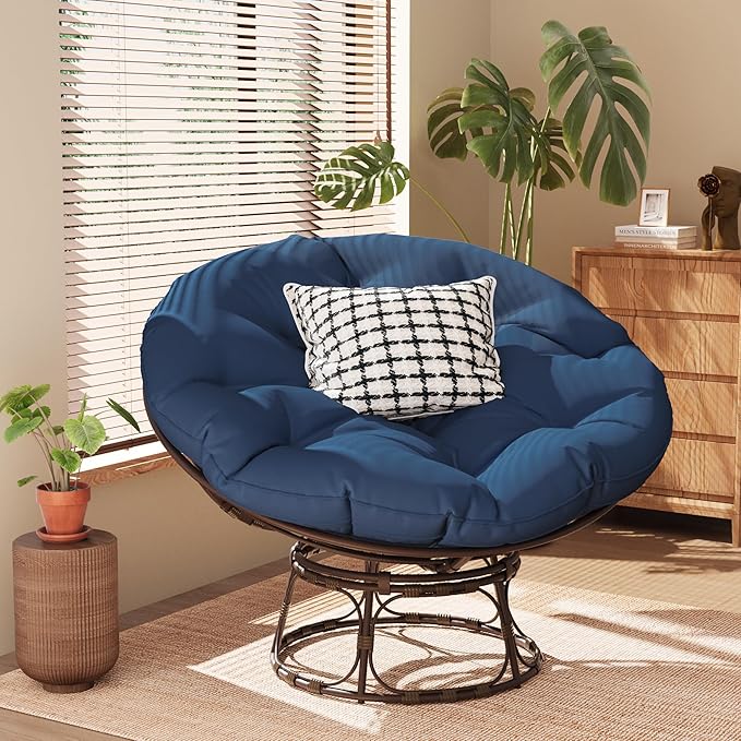 46'' Large Size Papasan Chair with Cushion and Frame, Living Room Chair for Reading, Navy Blue