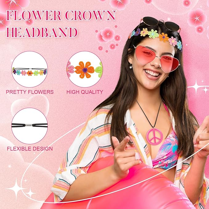 WILLBOND 60s 70s Accessories for Women Hippie Costume Accessories Peace Sign Necklace Headband Hair Wreath Sunglasses