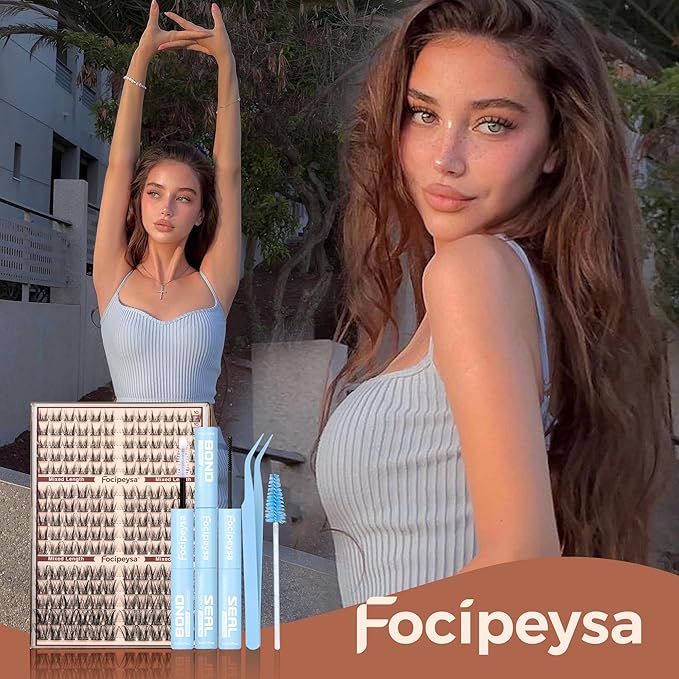 Focipeysa Fairy Eyelash Extension Kit with Lash Bond Seal Wispy Lash Clusters Kit Natural Look Lash Extensions 10-16mm Clusters Eyelashes Extensions Wispy Lash DIY Salon Effect Lash Extension