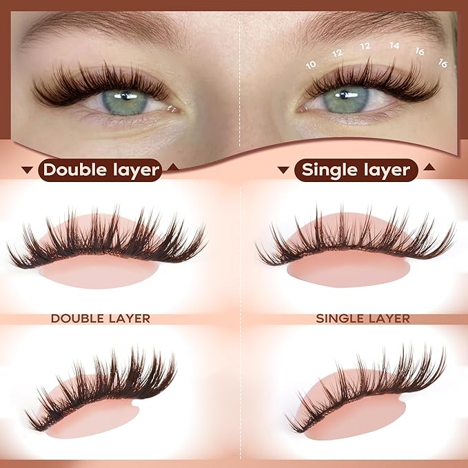 Focipeysa Brown Lash Clusters Wispy Eyelash Extensions Spiky Lash Extension Natural Eyelash Extension 10-16mm Eyelash Clusters Brown Fairy Individual Lashes Clusters C Curly DIY Salon Effect Lashes