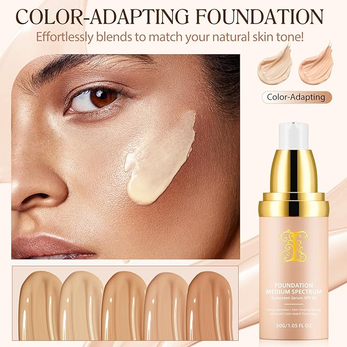 Foundation 4 in 1 - Color Changing Foundation, SPF 50+, Longwearing & Waterproof, Color Changing Hydrating Concealer, Natural Finish