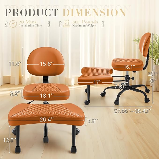 Furmax Ergonomic Criss Cross Legged Office Chair with Wheels, 360°Swivel Adjustable Height Kneeling Desk Chair with Footrest for ADHD, Yoga, Meditation, Home Office (Leather, Brown)