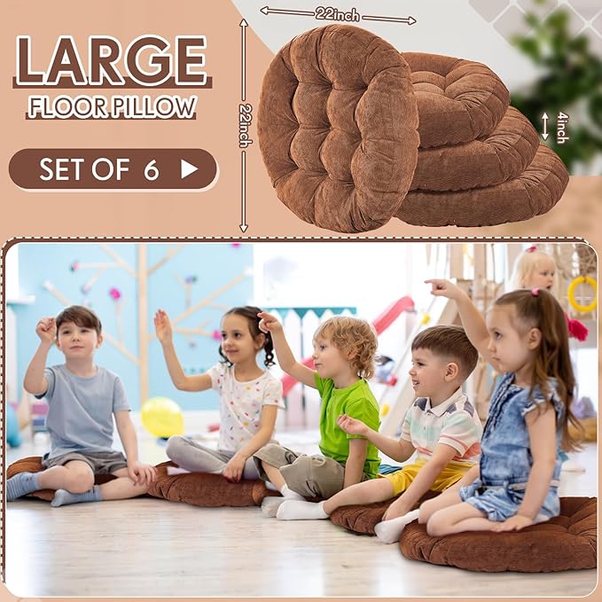 Jerify 6 Pcs Round Floor Pillows Cushions 22 x 22 Inch Large Flexible Seating Cushion Classroom Furniture Floor Pillow for Kids Adults Home Daycare Preschool Yoga Meditation Gift (Brown)