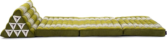 Leewadee Comfortable Japanese Floor Mattress - Thai Floor Bed with Triangle Cushion - Futon Mattress - XL Extra Wide Thai Massage Mat, 67 x 31 inches, Green, Kapok Filling