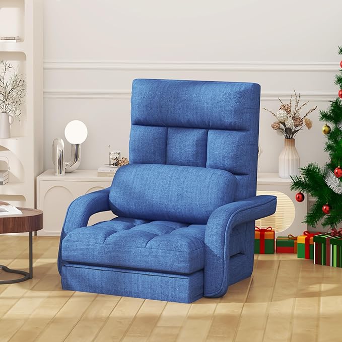 Floor Gaming Chair, 6 Adjustable Position Comfy Chair with Back Support, Ergonomic Chaise Lounge Chair, Meditation Chair with Armrest for Living Room, Bedroom, Blue