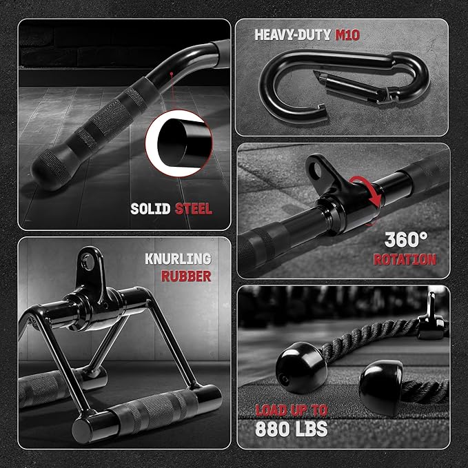 Yes4All Tricep Press Down Cable Machine Attachment Set, LAT Pulldown Attachment, Cable Machine Accessories for Home Gym
