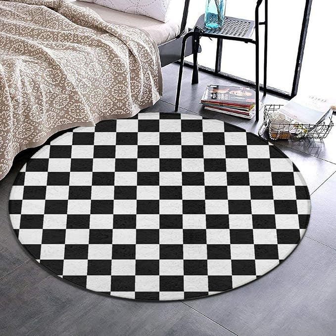 Large Machine Washable Circular Rugs, Home Decor Round Mat for Living Room Sofa Office Compatible with Black and White Checkered