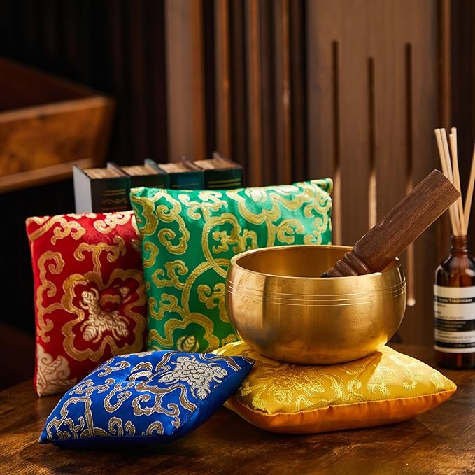 5 Pcs Singing Bowl Cushion Set 4 Tibetan Satin Singing Bowl Cushion with Wood Mallet for 4-8 Inch Tibetan Sound Bowls Meditation Accessories(Sound Bowls Not Included)
