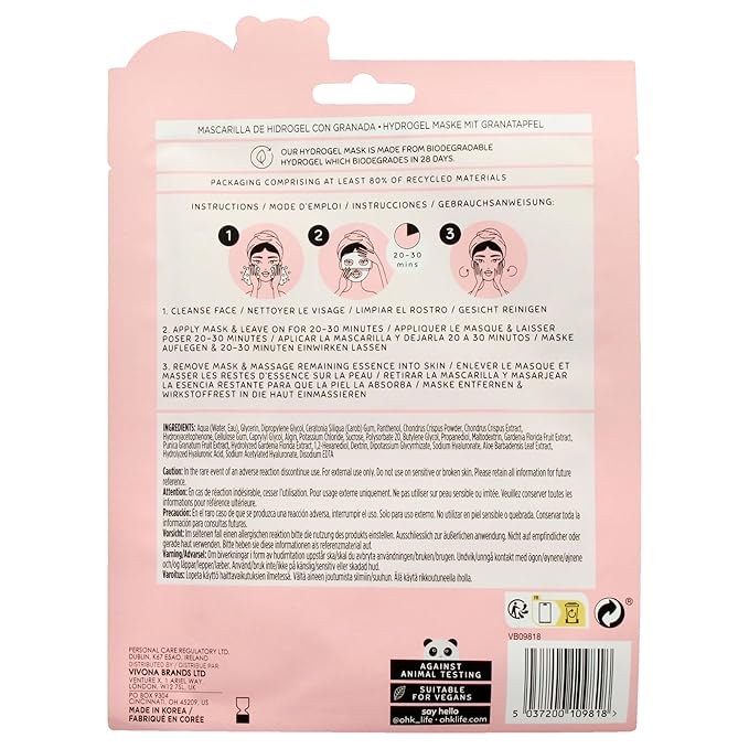 Oh K! Hydrogel Mask - Pomegranate - Moisturizing Face Mask Sheet - Hydrating Face Sheets - Rich in Hyaluronic Acid, Aloe Vera - Korean Skincare - 1 Pc