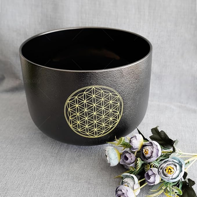 10 inch C Note Life of Flower Black Crystal Singing Bowl Root Chakra Meditation Sound Healing with Durable Carrying Case Suede Mallet Striker O-ring