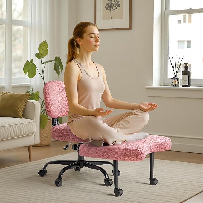 Furmax Ergonomic Criss Cross Legged Office Chair with Wheels, 360°Swivel Adjustable Height Kneeling Desk Chair with Footrest for ADHD, Yoga, Meditation, Home Office (Teddy Fabric, Pink)