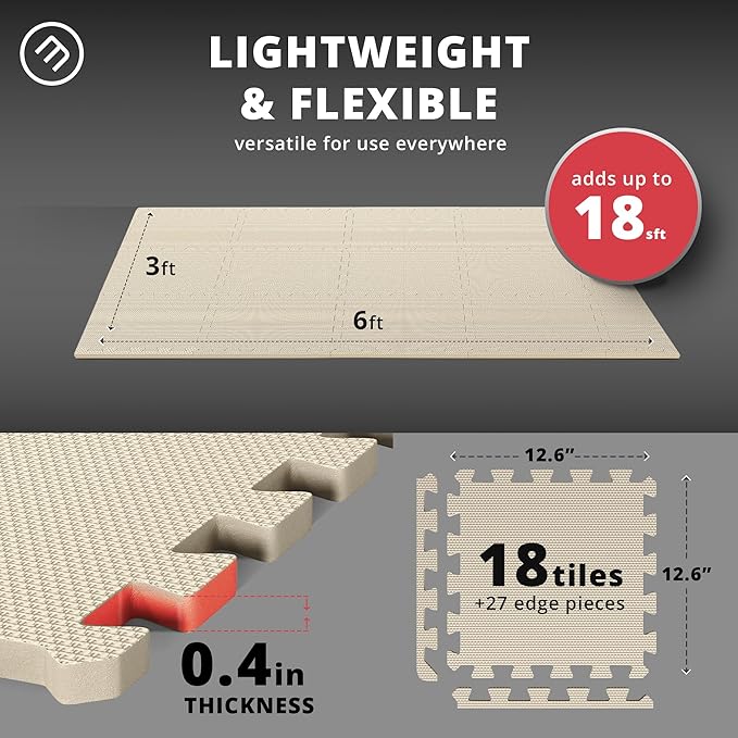 bemaxx Gym Mats Set - 18 pcs EVA Interlocking Foam Floor Tiles (12.6"x12.6"x0.4") 18sqft Protective Gym Flooring Sports Home Workout Exercise Mats Puzzle Garage Fitness Play-Room Garage Pool Treadmill