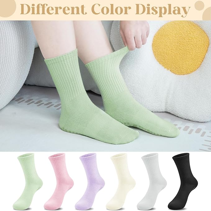Justay 6 Pairs Pilates Socks with Grips for Women Soft Non Slip Crew Cotton Athletic Workout Barre Hospital Yoga Socks