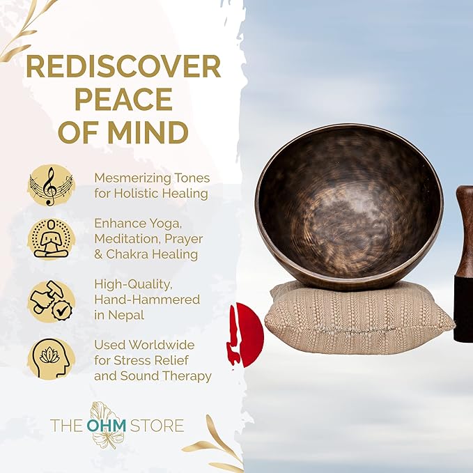Large Tibetan Singing Bowl Set by Ohm Store — Saturn Pure Bronze Meditation Sound Bowl 9 Inches, 2 Mallets and a Cushion — Handcrafted Nepali Sound Bath Instrument (Saturn)