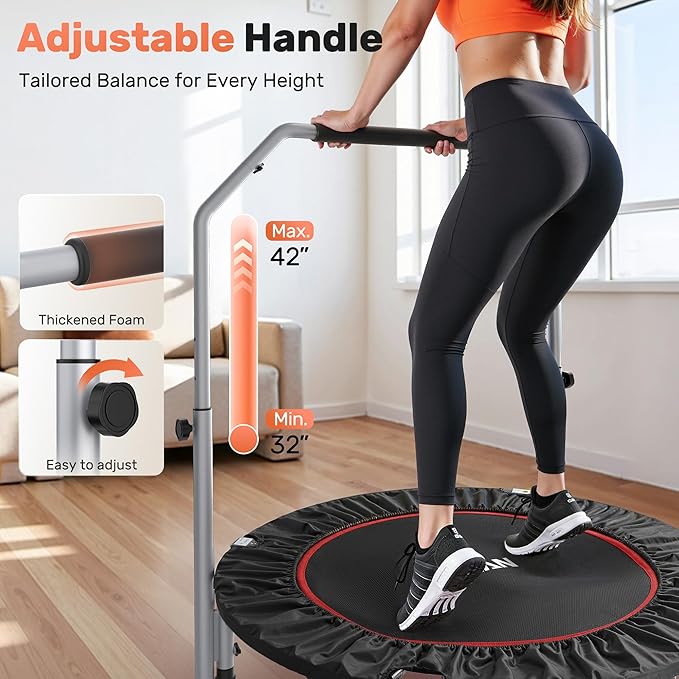 BCAN 40/48" Foldable Mini Trampoline Max Load 330lbs/440lbs, Fitness Rebounder with Adjustable Foam Handle, Exercise Trampoline for Adults Indoor/Garden Workout