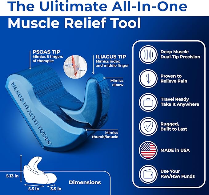 Core Nexus - Rotating Psoas & Iliacus Release Tool | Hip Flexor Mobility | All-in-One Lower Back & Sciatica Pain Relief | Muscle Recovery | Performance Enhancement | Blue