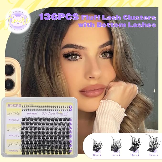 JIMIRE Lash Clusters Volume Eyelash Clusters 10-16MM D Curly Fluff Cluster Eyelash Extensions with Bottom Lash Clusters 136Pcs Individual Lashes DIY at Home