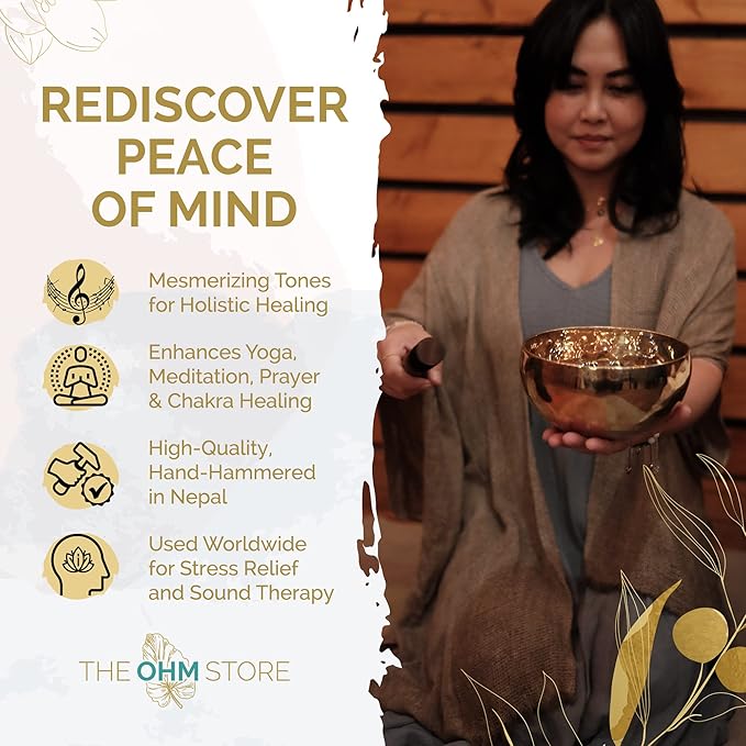 Large Tibetan Singing Bowl Set by Ohm Store — Deep Tone Pure Bronze Meditation Sound Bowl Hand Hammered in Nepal — The Sunset Bowl 6.5 Inch