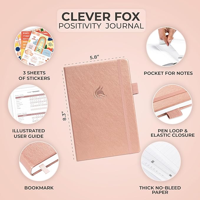Clever Fox Positivity Journal – Daily Gratitude & Affirmation Journal with Prompts – Motivational Mental Health Journal for Women & Men with Habit Tracker – Lasts 6 Months, A5 Size (Rose Gold)