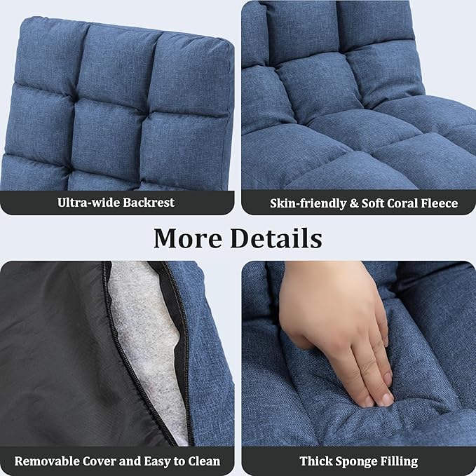 Folding Floor Chair with Back Support, 14 Adjustable Positions, Breathable Padded Sleeper Bed, Couch Recliner, Gaming Sofa Chair for Adults & Kids, Perfect for Meditating, Reading, Living Room (Blue