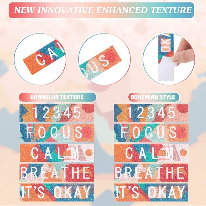 Crtiin 50 Pieces Anxiety Sensory Stickers for Anxiety Relief Items Mental Health Stickers Fidget Textured Strips for Office Classroom Desk Relieve Adult Stress(Boho Style)