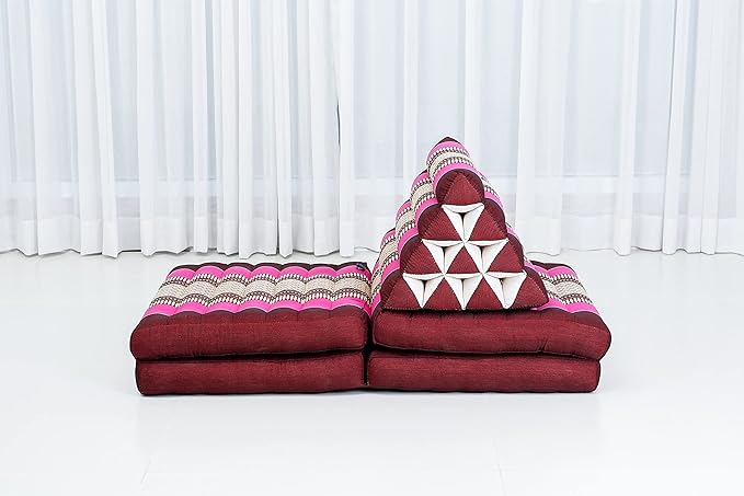 Leewadee Comfortable Japanese Floor Mattress - Thai Floor Bed with Triangle Cushion - Futon Mattress - XL Extra Long Thai Massage Mat, 89 x 20 inches, Auburn Pink, Kapok Filling