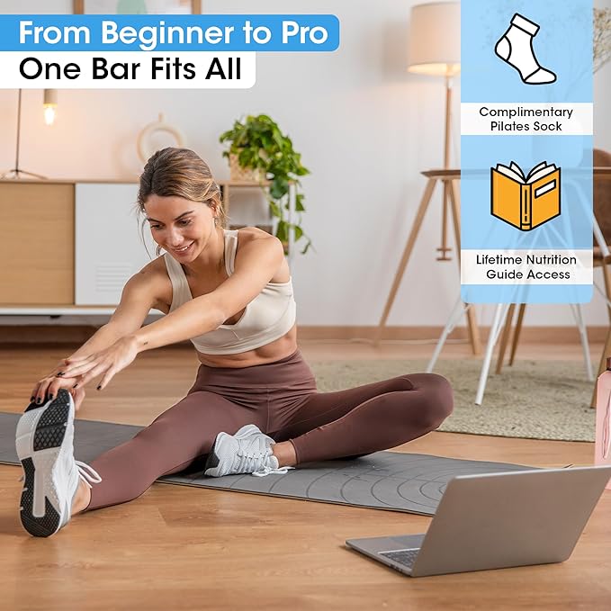 Pilates Bar Kit for Home Workouts | Portable Home Pilates Kit Set for Women & Men | Workout Bar for Legs, Hip, Waist and Arm | Includes Pilates Socks, 30-Day Challenge & Meal Plan