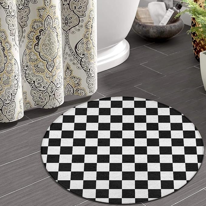 Large Machine Washable Circular Rugs, Home Decor Round Mat for Living Room Sofa Office Compatible with Black and White Checkered
