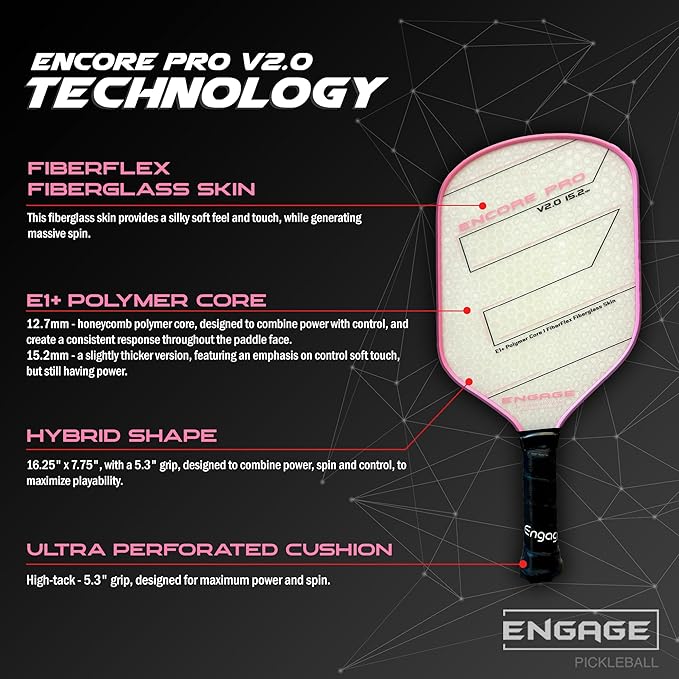 Engage Encore Pro V2.0 Pickleball Paddle – FiberFlex Fiberglass Face for Power & Spin, Available in Two Core Options (12.7mm for Power, 15.2mm for Control), Versatile Hybrid Shape