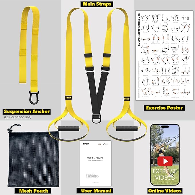 Suspension Bodyweight Fitness Training Kit, Full Body Workouts Home Gym Resistance Trainer Straps for Total Body Workouts