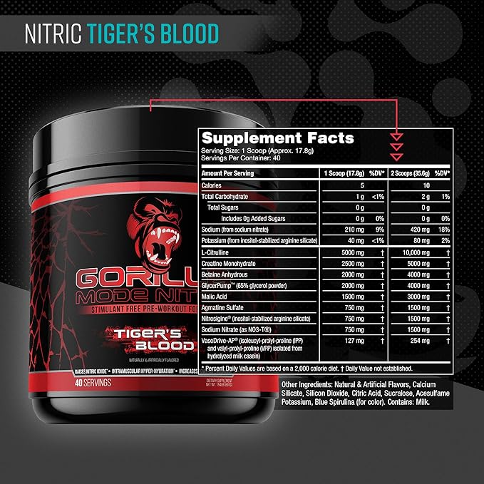 Gorilla Mind - Gorilla Mode Nitric Upgraded Stimulant Free Pre-Workout – Best Tasting and Most Effective Stimulant Free Pre-Workout/Massive Pumps · Vasodilation · Power / 784 Grams (Tigers Blood)