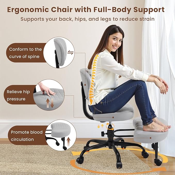 Cross Legged Office Chair with Wheels, Wide Criss Cross Kneeling Home Office Desk Chairs with Back Support, Ergonomic Adjustable Height ADHD Stool with Rotating Footrest for Yoga Meditation