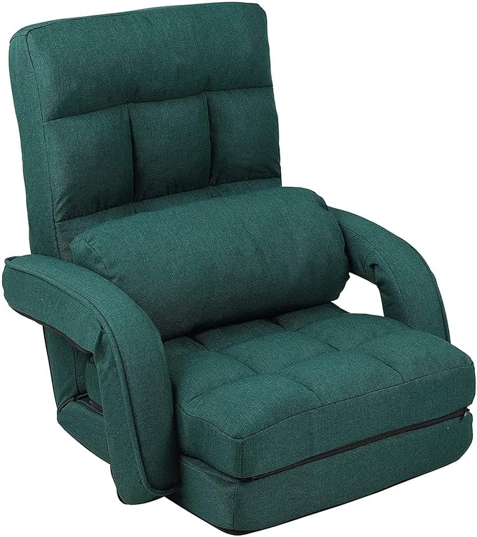 FLOGUOR 14-Position Adjustable Floor Chair, Chaise Lounge Indoor, Folding Lazy Sofa with Armrests and a Pillow Padded Adults Gaming Chairs for Living Room, Bedroom Factory Price (Green) 8803GN