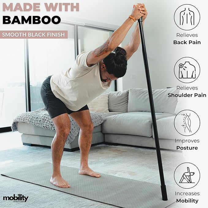 Yoga Stick Made from Natural Bamboo - 5ft Stretching Stick for All Fitness Levels - Stretch Stick with Non-Slip Handles for Mobility, Balance & Physical Therapy - Access 20+ Online Video & PDF Guides