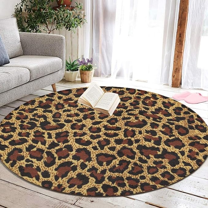 Large Home Decor Mat, Soft Round Yoga Carpet, Non-Slip Machine Washable Kitchen Office Circle Rug Compatible with Leopard Cheetah Print