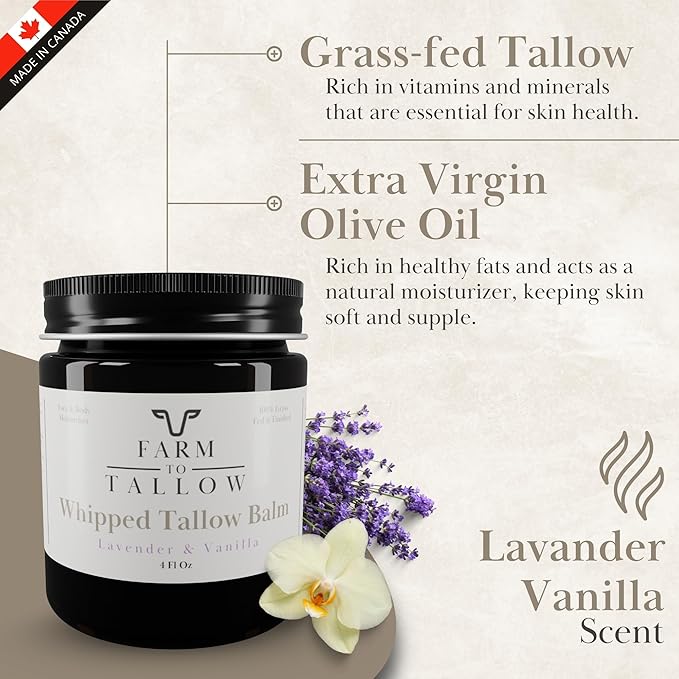 FARM TO TALLOW 100% Grass-Fed Beef Tallow for Skin, Face & Body – Lavender Vanilla Moisturizer Made with Olive Oil – Gentle & Hydrating Natural Skincare Cream for Dry, Sensitive Skin – 4 Oz