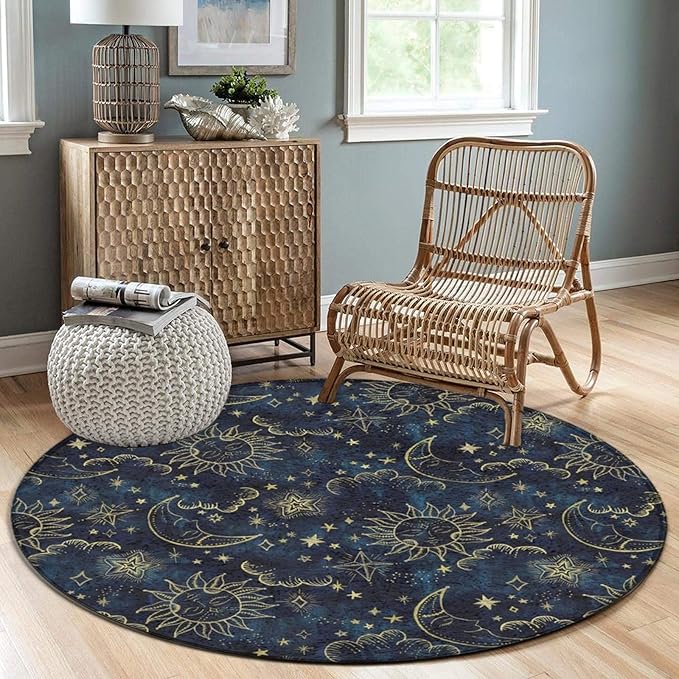 Large Machine Washable Circular Rugs, Home Decor Round Mat for Living Room Sofa Office Compatible with Sun Moon Boho Astrology