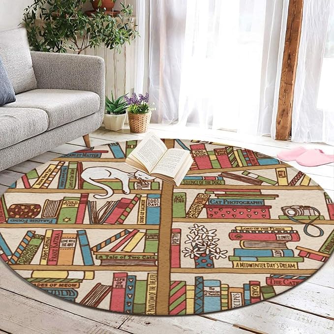 Large Home Decor Mat, Soft Round Yoga Carpet, Non-Slip Machine Washable Home Office Circle Rug Compatible with Sleeping Cat Library Bookshelf