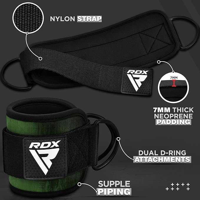 RDX Ankle Straps for Cable Machines – 7MM Neoprene Padded 10"x4" Adjustable Gym Cuffs with Dual D-Rings – Weight Attachments for Wrist Glutes Leg Kickbacks Hip Abduction Strength Workouts – Men Women