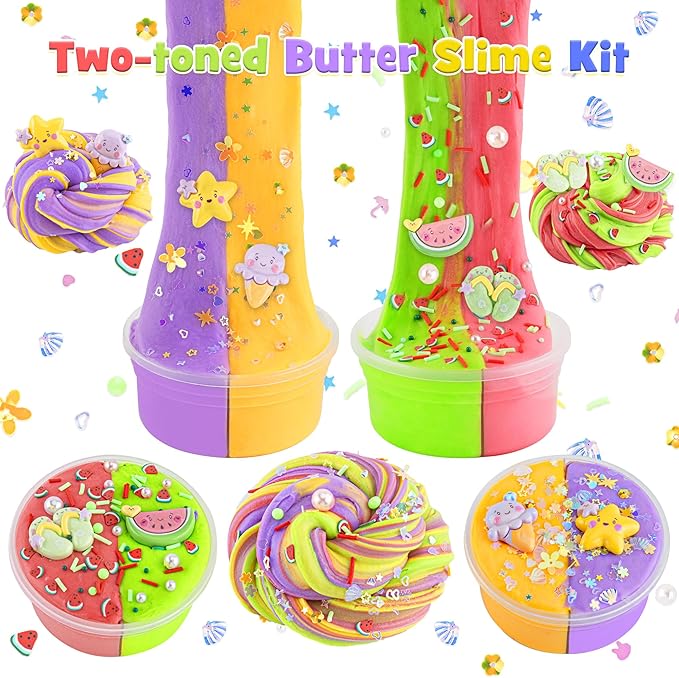 LAWOHO 2X120ml Butter Slime Kit Includes Two-Toned Butter Slime with 6 Packs Add-Ins, Slime for Kids Party Favors, Butter Slime for Kids Birthday Halloween Christmas, Slime Kit for Girls & Boys(Sand)