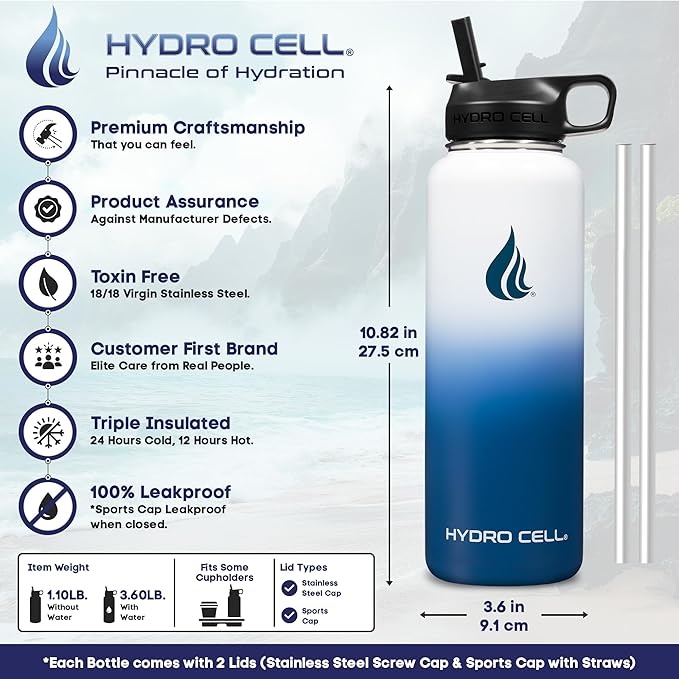 HYDRO CELL Stainless Steel Insulated Water Bottle with Straw - For Cold & Hot Drinks - Metal Vacuum Flask with Screw Cap and Modern Leakproof Sport Thermos for Adults (Navy/White 40oz)