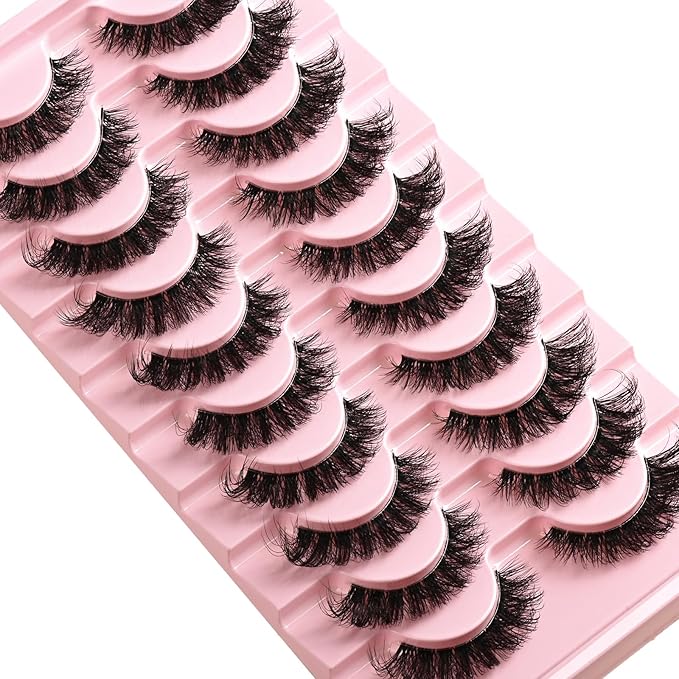 Lashes False Wispy Eyelashes Natural Cat Eye Lash Strips 10 Pairs Fake Mink Eyelash Pack Natural Look Fluffy Strip Lashes Set Clear Band Easy Eyelashes for Beginners with Cluster Looking