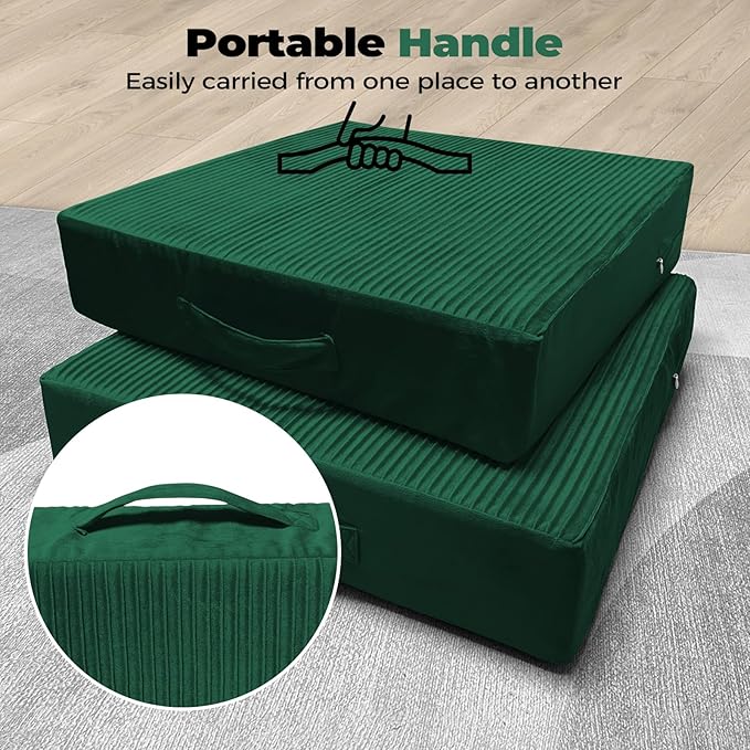 Large Floor Pillows for Adults, Thick Meditation Floor Cushions for Sitting Yoga, 22x22x5 Foam Seat Cushions Set of 2 for Furniture, Floor Pillow with Pleated Velvet Removable Cover, Green