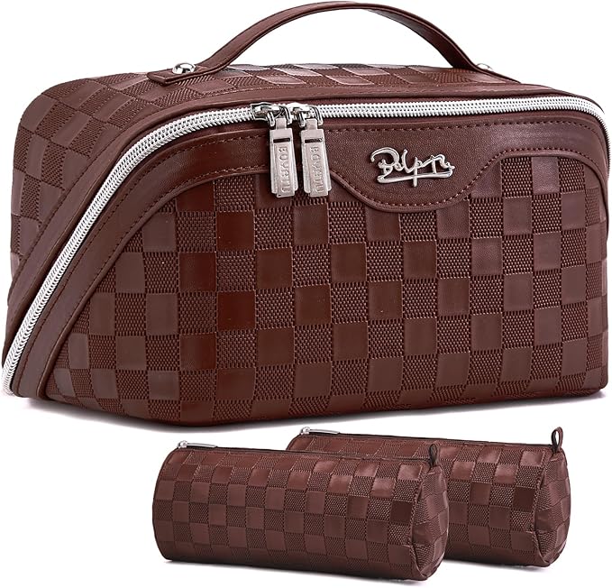 BOYATU Travel Makeup Bag Organizer Cosmetic Bag: 3 Pcs Set Make up Bags for Women with Handle - Waterproof Vegan Leather Toiletry Bags Travel Essentials Pouch with Compartments (C-09-Coffee)