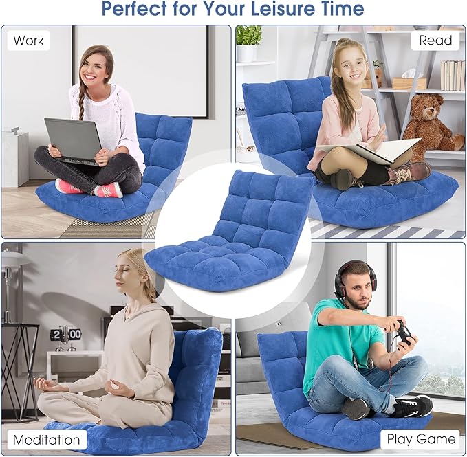 GORELAX Memory Foam Floor Chair, 14-Poistion Adjustable Floor Reading Gaming Chair Recliner, Folding Cushioned Meditation Chair with Back Support, Padded Lazy Sofa Chair for Adults, Kids (Blue)