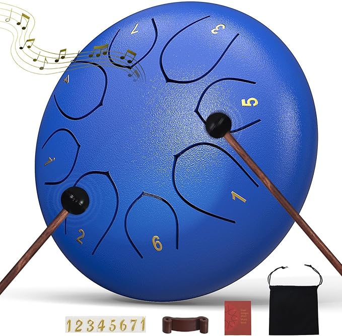 Rain Drum for Outside Garden, 6 Inches 8 Notes Steel Tongue Chakra Drums, Waterproof Meditation Echo Rain Chime, Musical Instruments for Adult Gift with Bag, Music Book (Dark Blue)