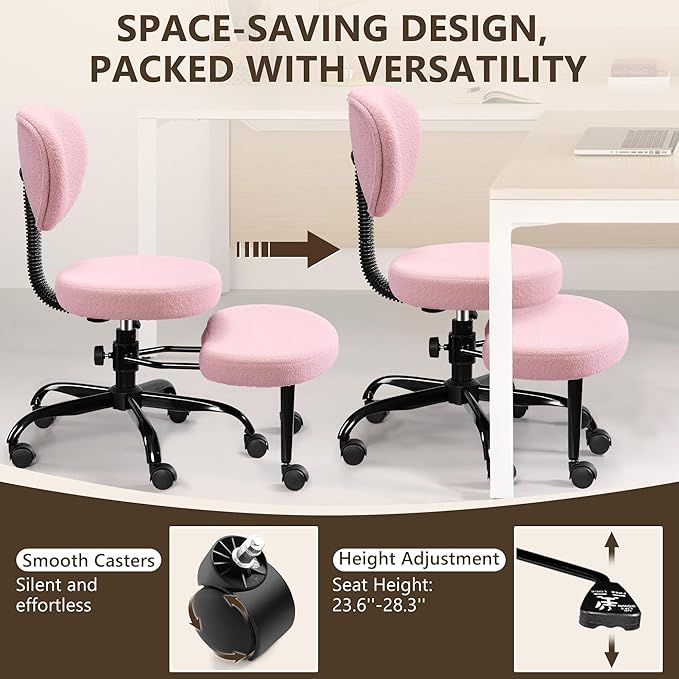 Ergonomic Cross Legged Office Chair with Wheels - Adjustable Height for Meditation, ADHD Desk & Yoga - Wide Criss Cross Design with Lumbar Support, Kneeling Chair - Pink